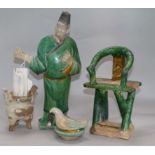 A group of four Ming dynasty sancai figures and vessels H 27.5cms