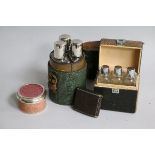 A modern Asprey & Co silver and shagreen box, two shagreen cased travelling flask sets etc