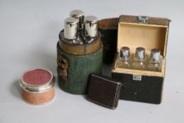 A modern Asprey & Co silver and shagreen box, two shagreen cased travelling flask sets etc