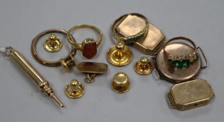Assorted gold jewellery and other items including 18ct gold studs and ring and 9ct gold items