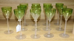 A set of 13 Bohemian lime green bowled hock glasses H.20.5cm