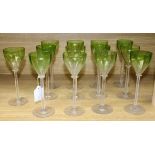A set of 13 Bohemian lime green bowled hock glasses H.20.5cm