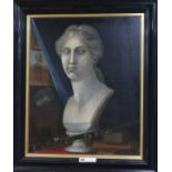 English School, oil on canvas, still life of a classical bust and musical instruments 64 x 53cm.