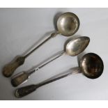 A Austro Hungarian silver basting spoon, a plated basting spoon and a Christofle plated soup ladle.