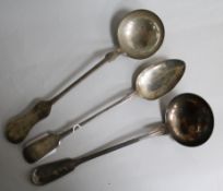 A Austro Hungarian silver basting spoon, a plated basting spoon and a Christofle plated soup ladle.