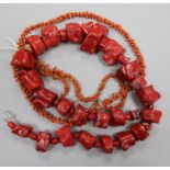 Three assorted coral necklaces.