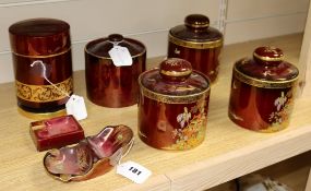 Five Carlton Ware Rouge Royale chinoiserie-decorated tobacco jars (3 Dunhill, 1 a.f), a pipe rack