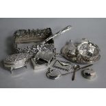 An assorted group of small silver items including dishes, match sleeve, pill boxes etc.