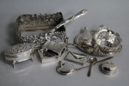 An assorted group of small silver items including dishes, match sleeve, pill boxes etc.