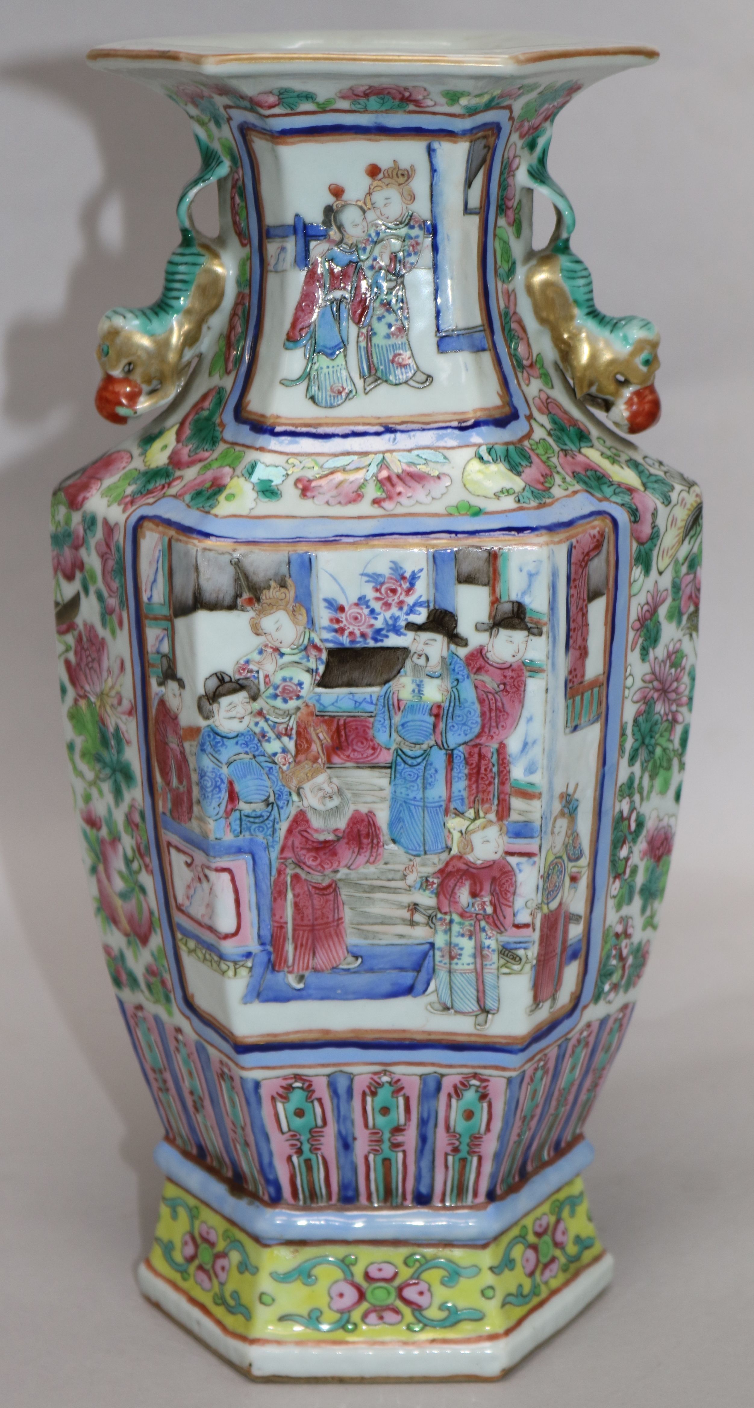 A Chinese famille rose hexagonal baluster vase, 19th century H 32cms