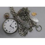 A silver pocket watch, a yellow metal cherub and link, four silver chains and two monogrammed