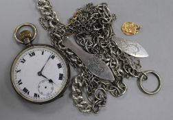 A silver pocket watch, a yellow metal cherub and link, four silver chains and two monogrammed