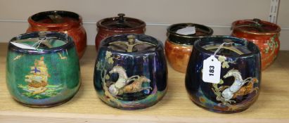 Three Crown Fieldings lustre tobacco jars, including two 'Pegasus' and four other lustre tobacco