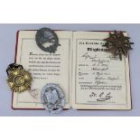 German WWII worker's pass book, Spanish Cross, NSDAP medal, Coasta, Artillary badge, General Assault