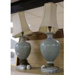 A pair of celadon glazed ovoid shaped table lamps H.41cm