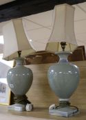 A pair of celadon glazed ovoid shaped table lamps H.41cm