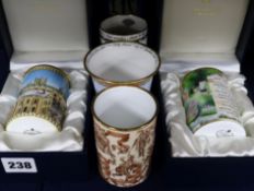 Four Halcyon Days enamel vases/beakers Gertrude Jekyll 34/50, Oxford Collection, Hansom Cab 44/500 &