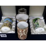 Four Halcyon Days enamel vases/beakers Gertrude Jekyll 34/50, Oxford Collection, Hansom Cab 44/500 &