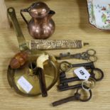 Brass covered jug, cased pipe, coquilla nut grater, four keys, scissor style candle snuffers and a