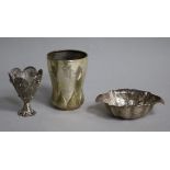 A German 835 silver beaker monogrammed RU, a German silver shaped oval small bowl and a filigree