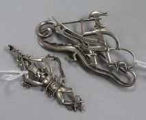 Two stylish mid 20th century Polish silver brooches by Henryk Grunwald, one depicting Prince Krak