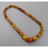 A single strand graduated oval amber bead necklace, gross weight 10.5 grams, 28cm.