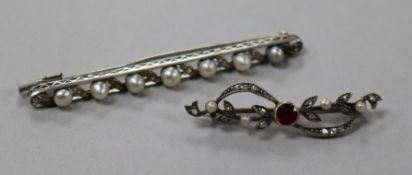 An early 20th century white metal, split pearl and rose cut diamond set bar brooch and one other