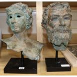 2 bronzed Classical busts on stands H 41cms