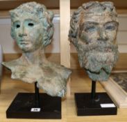 2 bronzed Classical busts on stands H 41cms