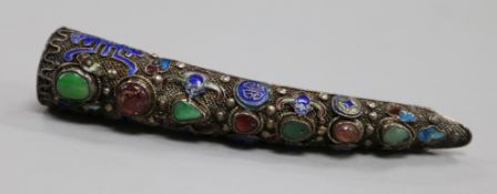 A late 19th/early 20th century Chinese silver filligree, enamel and gem set nail guard, now as a