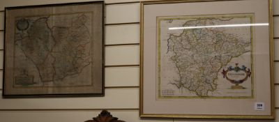 Robert Morden, 2 coloured engravings, Maps of Devonshire and Leicestershire, 38 x 43cm
