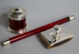 A George V silver mounted ruby glass desk rule, a silver mounted ruby glass pounce pot? and a silver