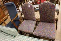 A pair of William and Mary style blue ground tapestry side chairs and a open armchair (3)