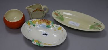 Two Clarice Cliff dishes, a bowl and a small jug