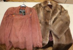 A fur coat and a lady's vintage suede two piece suit