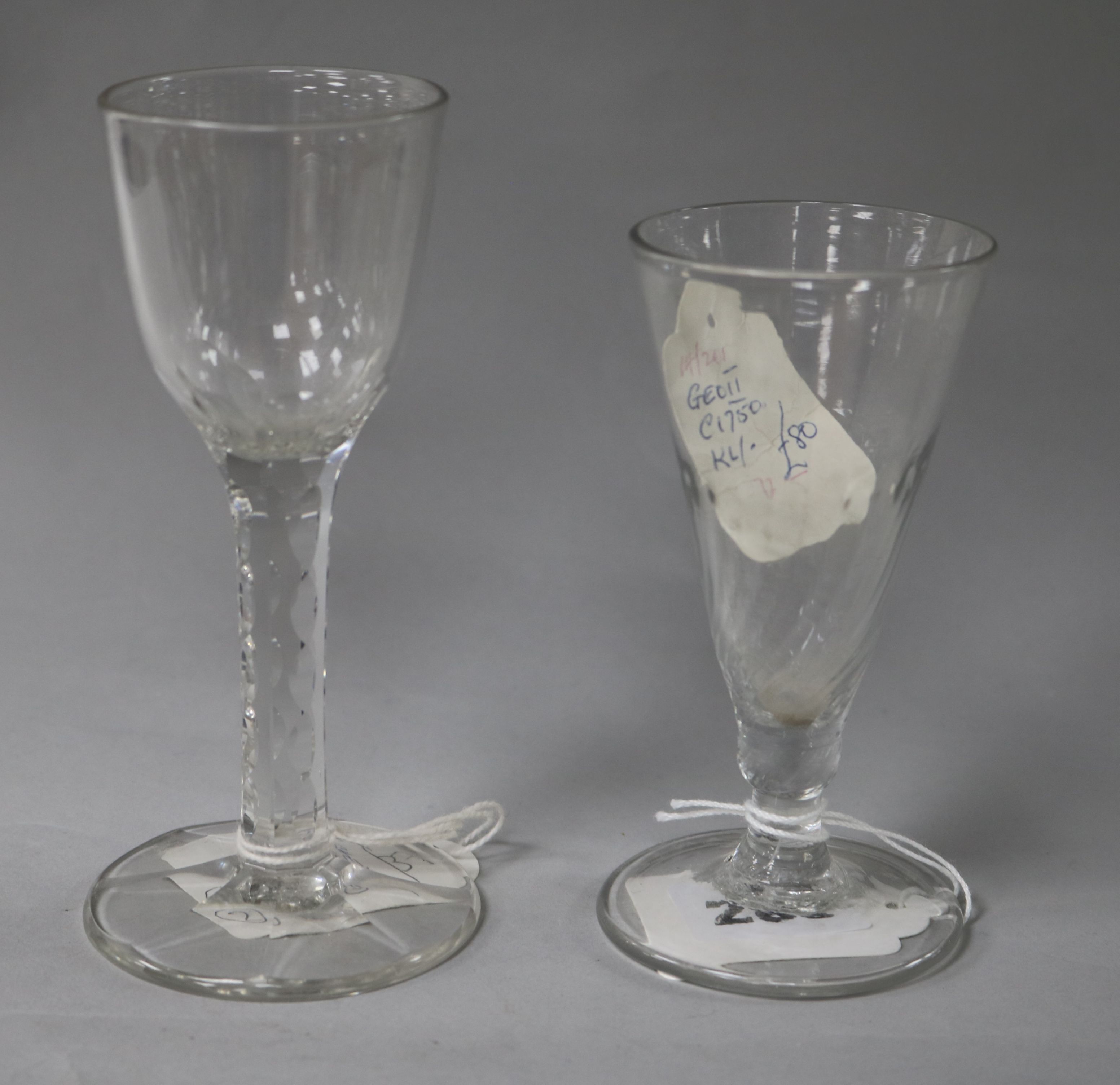 A Georgian style plain facetted stem glass and another 14cm