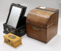 A Dutch musical decanter box, a Chinese lacquer box and a Mauchlineware box