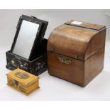 A Dutch musical decanter box, a Chinese lacquer box and a Mauchlineware box