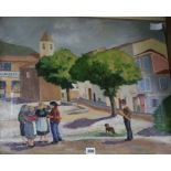 Capon, oil on canvas, figures in a French town square, 52 x 62cm, unframed