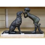 An Art Deco bronzed spelter of a girl and a dog 30cm.