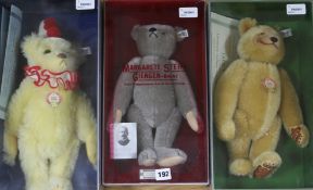 Three Margarete Steiff modern replica bears, boxed, including 1902 Bear, Dicky 1930 and Teddy-Clown