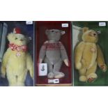 Three Margarete Steiff modern replica bears, boxed, including 1902 Bear, Dicky 1930 and Teddy-Clown