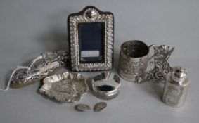 A miniature embossed white metal mug and sundry small silver etc., including a small easel