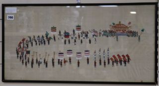 An early 20th century Chinese gouache on silk of a procession, 33 x 66cm