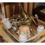 An Edwardian brass light fitting and two table lamps