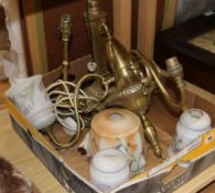 An Edwardian brass light fitting and two table lamps