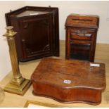 Two oak letter boxes, a corner cabinet and a brass table lamp