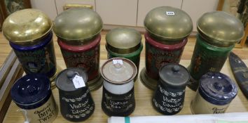 Five tobacco retailers' large cylindrical jars with rounded brass covers and five other retailer's