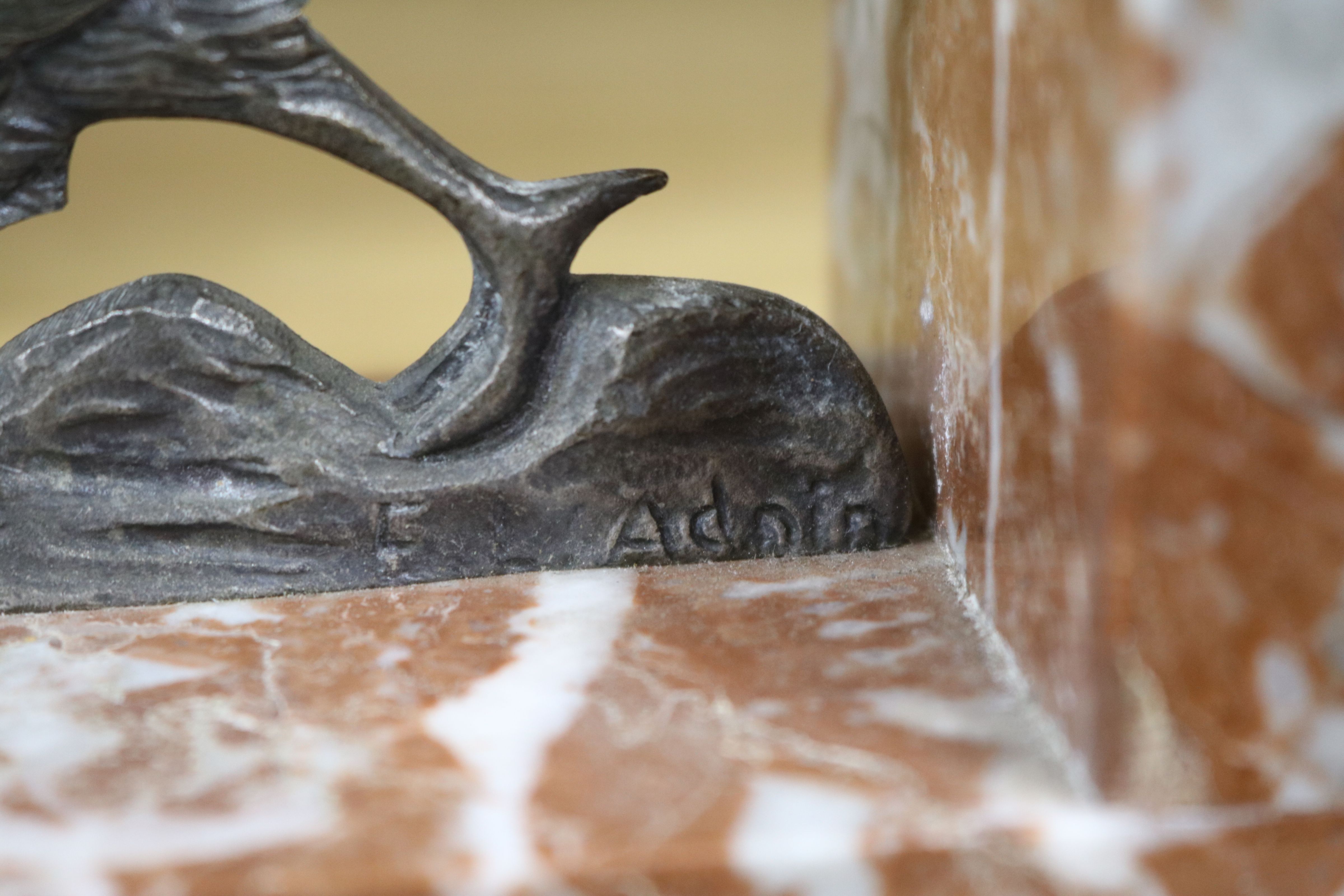 A pair of French Art Deco silvered bronze and marble bookends, signed R. Adnin 15cm. - Image 3 of 3