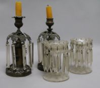 A pair of Victorian gilt brass lustre candlesticks and a pair of cut glass lustres 21cm and 13cm